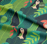 Hand Drawn Women Among Green Leaves Avocado Pop Art Pattern Digital Printed Fabric